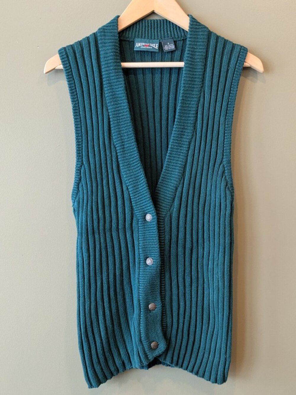 Vtg American Eagle Sleeveless Knit Vest Sm Dark Green V-Neck 90s Prep Academia